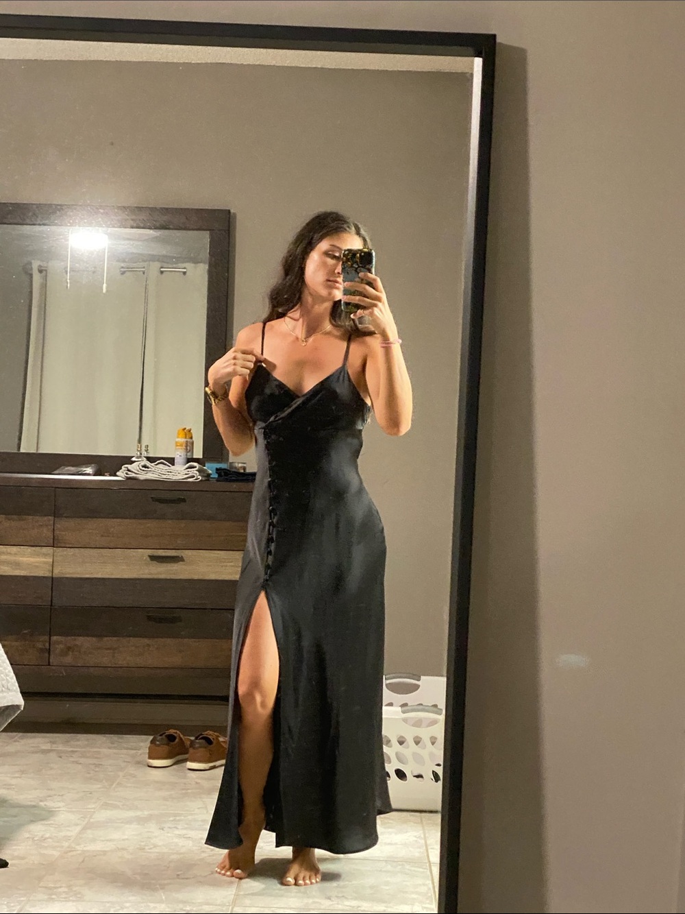 Zara Black Satin Maxi Slip Dress with Button Front